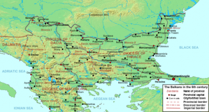 A Balkán a 6. században. Jól látszik a Singidunum-Viminacium-Naissus-Serdica-Philippopolis-Hadrianopolis-Konstantinápoly útvonal, az ún. Via Militaris (Via Diagonalis); ennek mentén halad Busbecq is végcélja felé