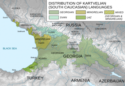 A kartvél nyelvek: Grúzia területének nagy részén a grúzt beszélik, északnyugaton a tengerparton a migrelt (Mingrelian)