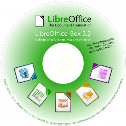 A LibreOffice „dobozos” (kereskedelmi forgalomba kerülő) német verziójának CD-címkéje 