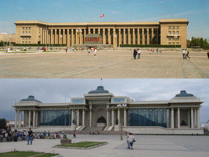 A mongol parlament eredetileg szocreál épületét (fent) modern hatású homlokzattal és a régi jurták füstnyílását imitáló tetővel látták el, s elhelyezték előtte az államalapító Dzsingisz kán szobrát (lent)