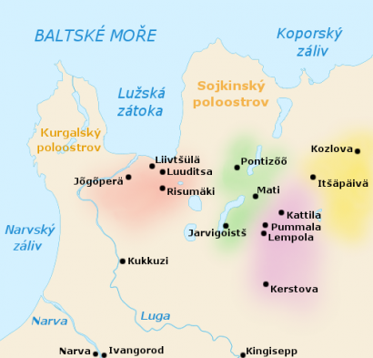 A vót nyelv elterjedése a 20. század közepén (Észtország és Leningrád között))