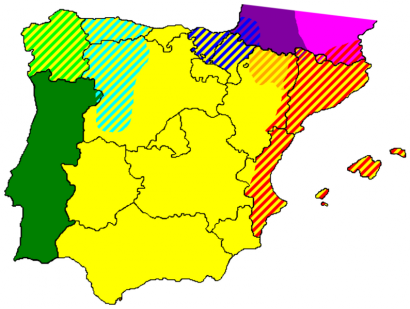 Az ibériai nyelvek. A narancssárga az aragóniai, a citromsárga a kasztíliai.