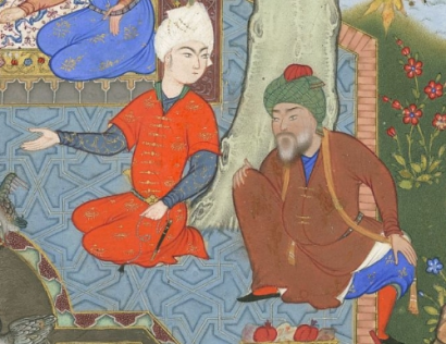 Egy fiatalember apjától kap tanácsokat (perzsa miniatúra)