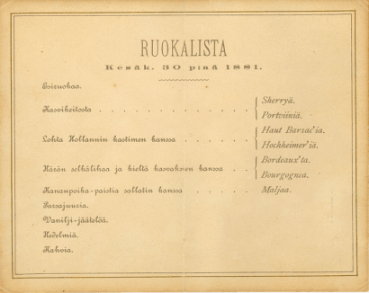 Finn nyelvű étlap 1881-ből