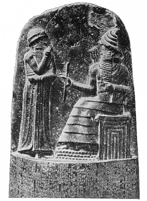Hammurábi törvényoszlopa. Sámás isten átadja az uralkodónak a törvényeket