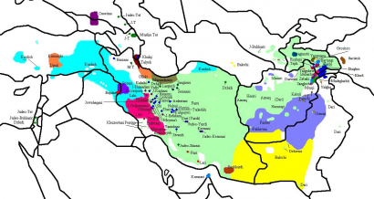 Irán nyelvei ma: türkiz – kurd, zöld – perzsa, kék – pastu, sárga – beludzs