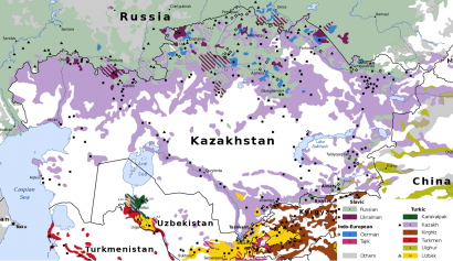 Kazahsztán nyelvi térképe, 20 évvel ezelőtti adatok alapján.