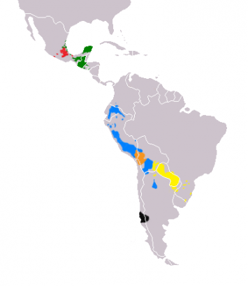 Latin-Amerika legnagyob őshonos nyelvei: sárga – guarani, kék – kecsua, narancs – ajmara, piros – nahuatl, zöld – maja, fekete – mapudungu (araukán)
