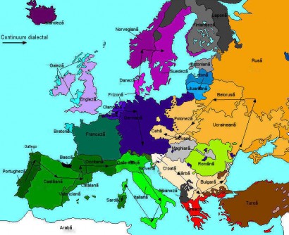 Nyelcsaládok Európában. A nyilak a nyelvjáráskontinuumokat mutatják: ezekben a földrajzi távolsággal változik a nyelvjárások közötti különbség mértéke