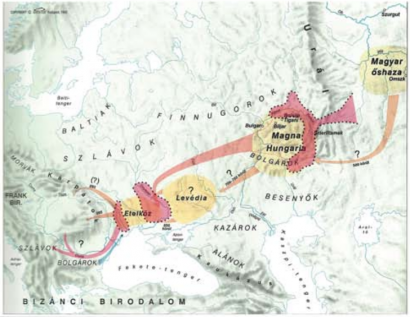 Rózsaszínnel jelölve a régészeti leletekből, sárgával a történeti forrásokból kikövetkeztett vándorlási útvonal