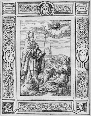 Szent Bálint epilepsziát gyógyít – egy szenteket bemutató cseh képeskönyvből, 1899-ből