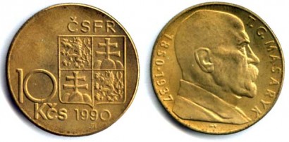 Tízkoronás a szövetségi köztársaság idejéből, az államalapító T. G. Masaryk portréjával