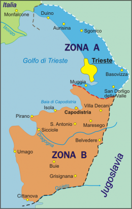 Trieszt Szabad Terület 1947–1954. Az „A” jelű zóna később Olaszországhoz, a „B” jelű Jugoszláviához került