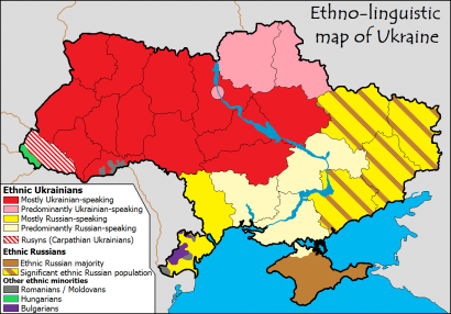 Ukrajna etnikai-nyelvi képe. Ukránok piros: ukrán nyelvű, rózsaszín: főleg ukrán nyelvű, sárga: orosz nyelvű, fehér: főleg orosz nyelvű. Oroszok: barna. 