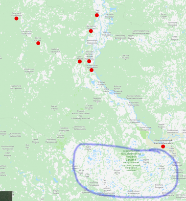 Vándor Anna gyűjtőpontjai (pirossal), illetve a kondai manysi terület (kékkel)