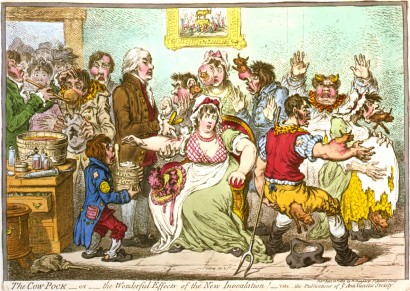 1802-es karikatúra Jenner oltásának ellenzőiről, akik a himlőoltás káros mellékhatásaitól tartottak