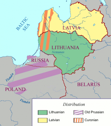 A balti nyelvek: a mai litván (zöld) és lett (sárga), illetve az egykori porosz (lila) és kur (narancs) nyelvterület