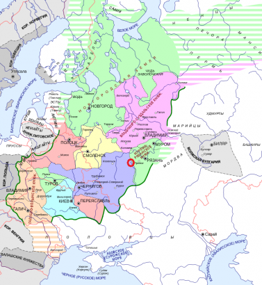 A Don eredete a Vlagyimir-szuzdali Fejedelemség déli határának közelében (piros karika)