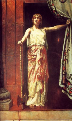 A fenséges tartású Klütaimnésztra Agamemnón meggyilkolását követően – John Collier (1850–1934) festményén