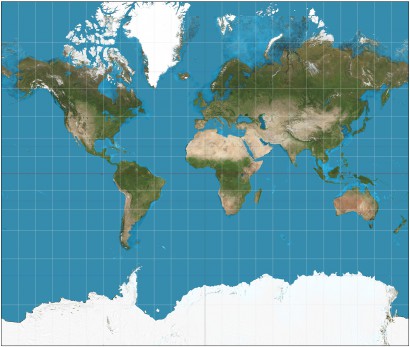A Föld felszíne Mercator-vetülettel