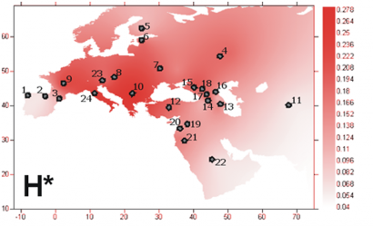 A H mitokondriális haplocsoport elterjedtsége (a vizsgált populációk jelölésével)