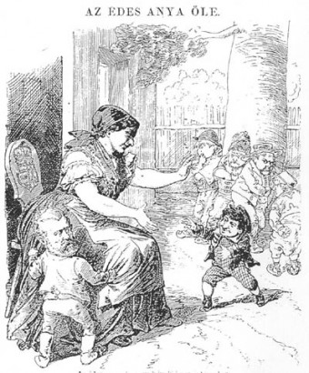 A jóságos magyar anya ölére fogadja az asszimilálódni kívánó zsidó gyerkőcöt – miközben a többi nemzetiséget ábrázoló aprónép a háttérben duzzog. Borsszem Jankó, 1882. szeptember 10.