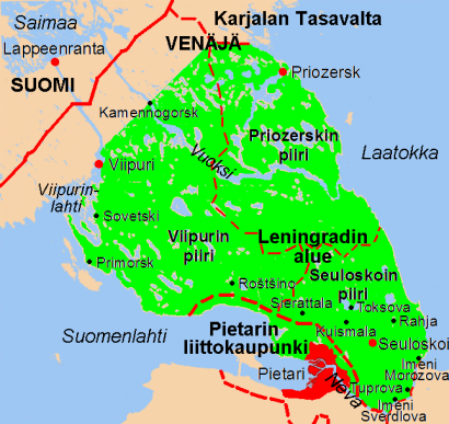 A Karjalai-földszoros. A földnyelvet Leningrádtól északra átszelő határ a régi finn-orosz (szovjet) határ, a földszorostól északnyugatra haladó a jelenlegi