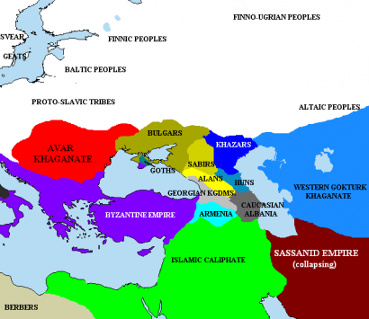 A Kaukázus és tágabb környéke Kr. u. 650 körül