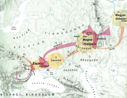 A magyarok vándorlása a régészeti (lila) és történeti (sárga) adatok alapján. Türk Attila térképe