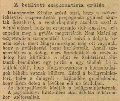 [A Magyarország 1913. november 6-i számában Giesswein Sándor interpellációjával kapcsolatban megjelent híradás