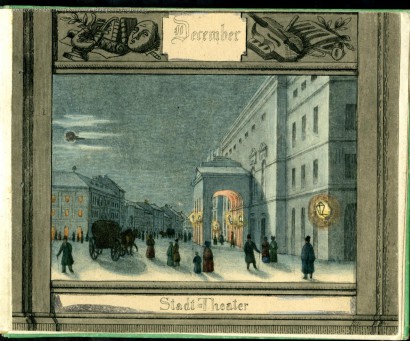 A mai Vörösmarty téren állt Pesti Német Színház épületéről 1837-ben készült metszet. Az 1812 óta álló épületet 1837, a magyar kőszínház megnyitása után kezdték német színházként emlegetni, így a metszeten egyszerűen „városi színház”-ként azonosítják