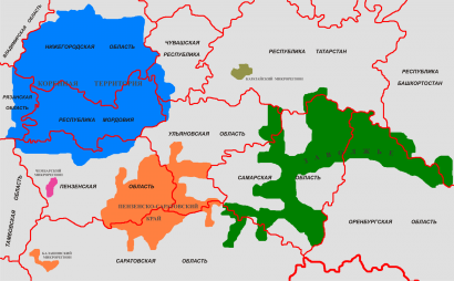 A mordvinok fő területei Oroszország európai területén (Mordvinföld a kék folt közepén található)