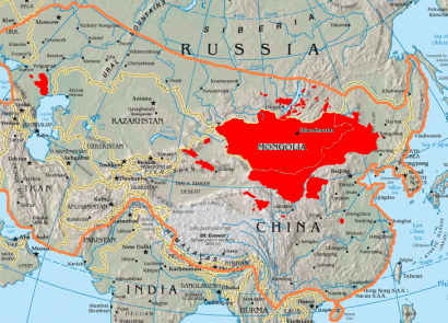 A Nagy Mongol Birodalom legnagyobb kiterjedése és a mongol népek mai elterjedése