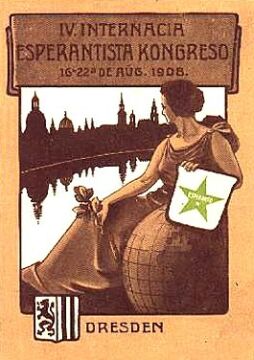 A negyedik eszperantó világkongresszus (Drezda, 1908) emlékére kibocsátott képeslap