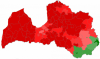A piros a nem, a zöld az igen szavazatok győzelmét jelöli: minél sötétebb a terület, annál nagyobb a szavazatarány