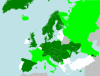A regionális vagy kisebbségi nyelvek európai kartája az európai országokban (sötétzöld: aláírta és ratifikálta; zöld: aláírta, de nem ratifikálta; fehér: nem írta alá, nem ratifikálta; szürke: nem tagja az Európa Tanácsnak)