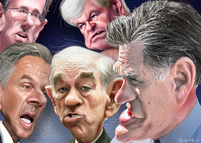 A republikánus jelöltek karikatúrája: Huntsman a bal alsó, Romney pedig a jobb alsó sarokban, Gingrich középen fenn.