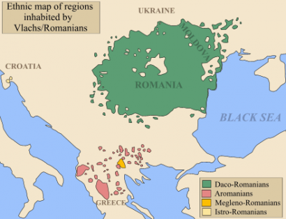 A román (zöld), az aromán (piros), a meglenoromán (narancs) és az isztroromán (sárga).