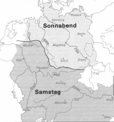 A Samstag és a Sommabend elterjedése a mai német köznyelvebn