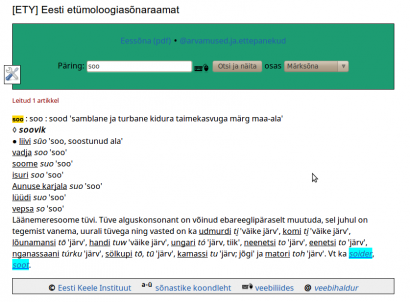 A soo [szó] ’mocsár’ szó etimológiája az online észt etimológiai szótárban