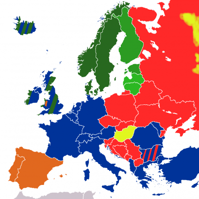 A sör elnevezéseinek megoszlása Európában: kék – Bier stb., piros – pivo stb., zöld – ale/olut/alus stb., narancs – cerveza stb., sárga – sör stb.