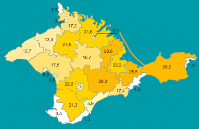 A tatárok aránya a Krímben a 2001-es népszámlálás szerint