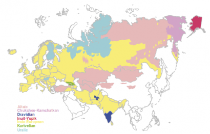 A vizsgált nyelvcsaládok területi eloszlása – a szerzők szerint