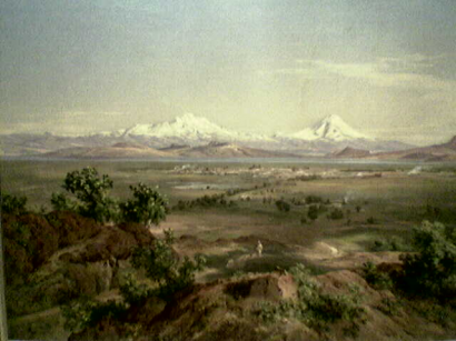 A völgy, melynek eredeti azték nevének kiejtése "mesiko" lehetett. (José María Velasco 19. századi festménye)