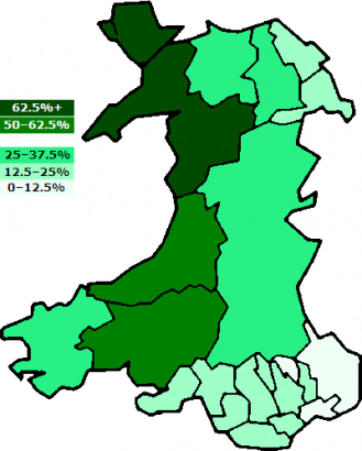 A walesi nyelv mai elterjedettsége.