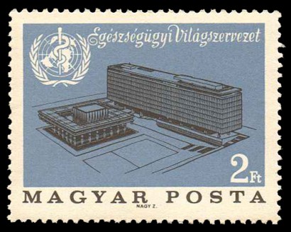 A WHO címere és székháza régi magyar bélyegen