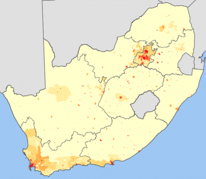 Afrikansz beszélők népsűrűsége. A keleti vörös folt Pretoria és Johannesburg környéke, az egyik egykori búr állam területe.