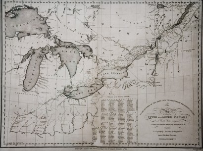 Alsó- és Felső-Kanada, valamint az Egyesült Államok határos területei egy 1812-es térképen – Bölöni Farkas Sándor kanadai utazásának állomásaival