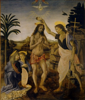 Andrea del Verrocchio és Leonardo da Vinci Krisztus megkeresztelése; 1470-75