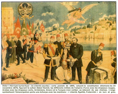 Az 1876-os oszmán alkotmányt üdvözlő 1895-ös allegórikus képeslap. Az angyal kezében „szabadság, egyenlőség, testvériség” feliratú szalag